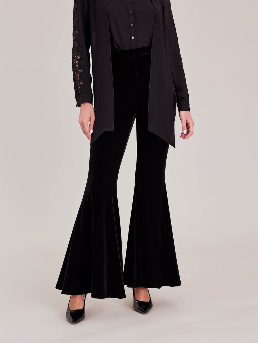 Anne Fontaine Black Velvet Elastic Waist Bell Bottom Vic Pants